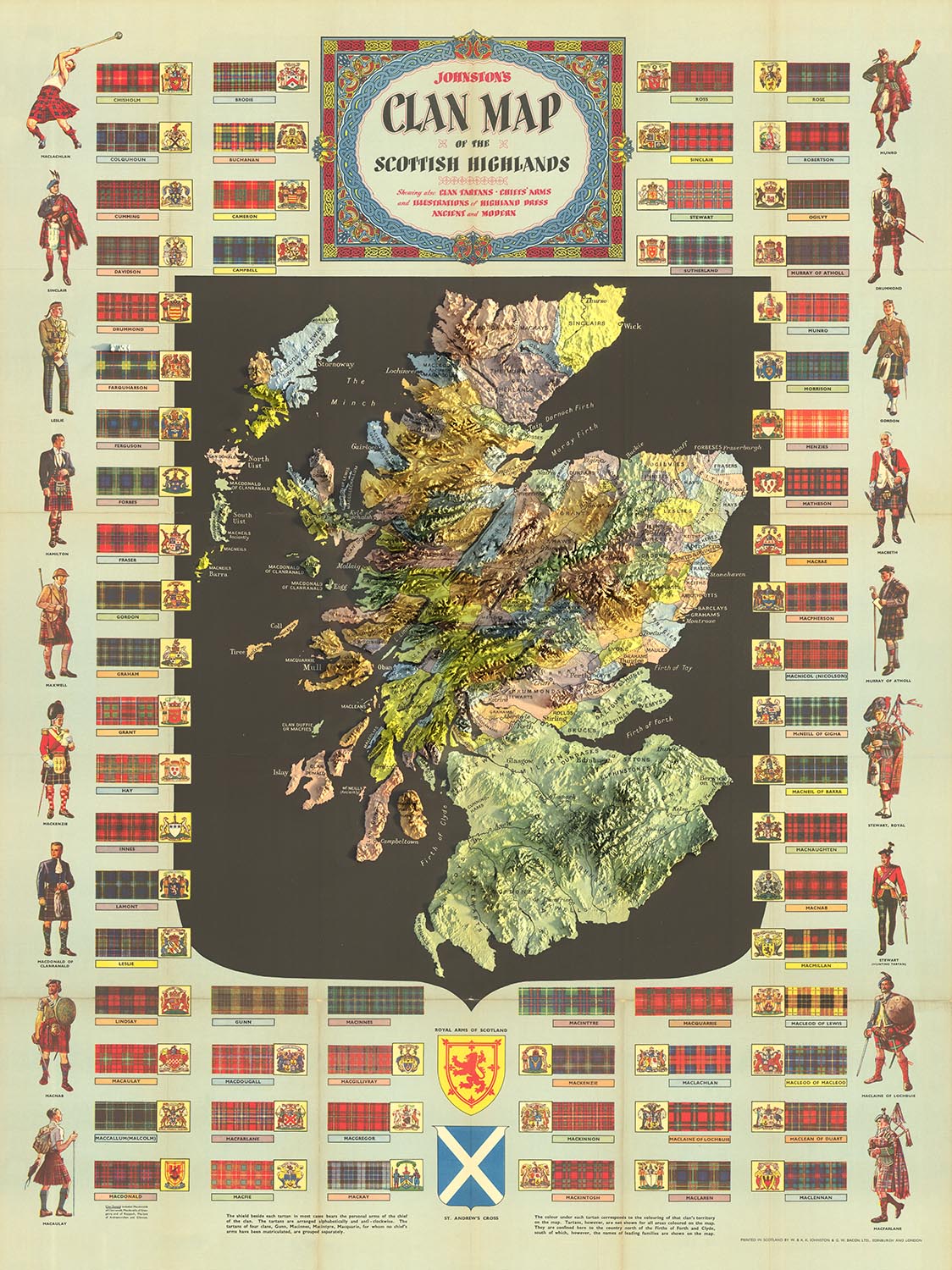 Old Map of Scotland Clans and Tartans Johnston's Highlands & Lowland